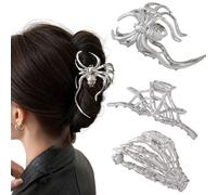 Hair Claw Clips for Women Girls, 3PCS Skeleton Hand Spider Web and Large Spider Punk Metal Alloy Hair Accessories Decorations for Thick Hair Styling Tools Gift(Silver Color)