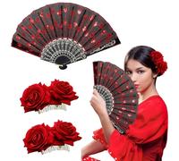 Hair Clips with Pink Flower, Red Lace Folding Fan, cheveux en forme de fleur, Folding Fan for Bride Wedding Ballerina Flamenco Carnival