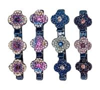 Hair Clips Women - Rhinestone Braided Hair Clips With Three Flowers | Four- Clover Hair Bands | Sparkling Crystal Stone Hair Styling Clips | Hairpin Duckbill Clip For Styling Hair Sectioning