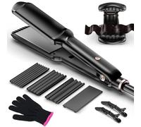 Hair Crimper Waver, Professional Hair Straightener Beach Waves Curling with 4 Interchangeable Ceramic Plates | Auto Temp Control for All Hair Types | Quick Heat Wide Plate Styling Tool & Straightener