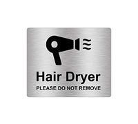 Hair Dryer Sign Adhesive Sticker Notice, Metallic Silver Engraved Black with Universal Icon Symbol and Text (Size 12cm x 10cm)