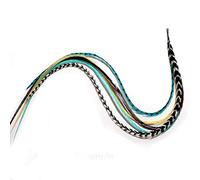 Hair Extension-Indian Blue,Turquoise,Brown,and Grizzly Feathers,Five Real Rooster Feathers Bonded Together,Ranging From 6 to 10 Inches in Length,One Extension
