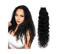 Hair Extension Tape 16-26 Inches Water Wave Tape In Hair Extensions Human Hair 20Pcs Invisible Skin Weft Wave Curly Remy Human Hair Tape In Extensions #1B Natural Black Wig Tape(22 inches)