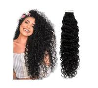 Hair Extension Tape Curly Tape in Hair Extensions 14"-26" Deep Wave Human Hair Tape in Extensions #1B Remy Hair Tape ins Full Head Invisible Skin Weft Tape in Extensions Wig Tape(26 inches)