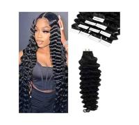 Hair Extension Tape Deep Wave Tape in Human Hair Extensions Wave Curly Brazilian Remy Hair Extensions Invisible Skin Weft Tape Ins Extensions Thick End Double Sided Wig Tape(16 inches)