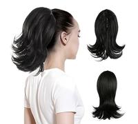 Hair Extensions 12inches Women Medium Long Hair Slightly Warped Ponytail Claw Clip Style Ponytail Hair Extension Wig Curly Hair Bun Hair Pieces For Women,Off Black-12 inch