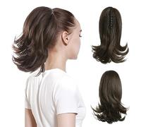Hair Extensions 12inches Women Medium Long Hair Slightly Warped Ponytail Claw Clip Style Ponytail Hair Extension Wig Curly Hair Bun Hair Pieces For Women,Dark Brown-12 inch