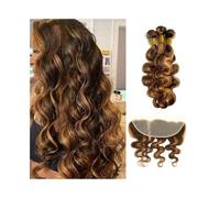 Hair Extensions Body Wave Bundles with Frontal Human Hair Extensions Highlight P4-27 Brazilian Virgin Hair Weave 3 Bundle with 13x4 Lace Frontal Human Hair Bundles(20 22 24 Closure 18)