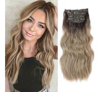 Hair Extensions Clip In 20Inch Long Wavy Hair Extensions 4Pcs Synthetic Full Head Seamless Weft for Natural Volume for Daily Use/Any Occasions Weft for Natural Volume Ombre Dirty Blonde with Dark Root
