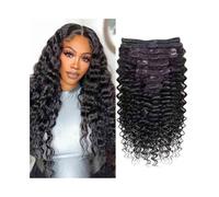 Hair Extensions Deep Wave Clip in Hair Extensions Real Human for Black Women, 8Pcs Double Weft Brazilian Remy Curly in Natural Invisible(14inches 120g)