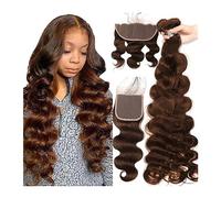 Hair Extensions Hair Brazilian Body Wave 3 Bundles With Closure Body Wave Brazilian Human Hair Weave Bundles With HD Lace Closure Brown #4 Colored Weaving Extens Human Hair Bundles(5" x 5",22 24 26 an