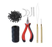 Hair Extensions Tool Kit: 200 Pcs Silicone Lined Micro Rings Links Beads, 1 Three Hole Hair Pliers, 1 Roll Sewing Thread, 1 Loop Needle Threader, 1 Pulling Hook Needle, 8 Sewing Needles (Black)