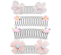 Hair Fringe Clip, 4PCS Girls Hair Clips Set with Crown, Pink Pearl Flower, Small Flower, Pink Blue Stamen, Cute Hair Clips for Girls, Comb Clips for Daily Styling and Special Occasions