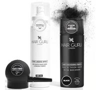 Hair Guru London Starter Set - Thickening Fibres 28g, Fibre Locking Spray 120ml & Applicator - Conceals Bald Spots & Thinning Hair - Unisex Hair Loss Solution - Black
