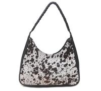 Hair on Hide Shoulder Bag, Black and White Cow Print, Genuine Cowhide Leather, Braided Strap, Western Style, Slouchy Triangular Design, 42x30.5 cm
