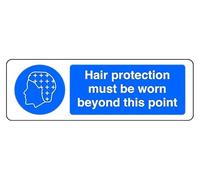 Hair Protection Must Be Worn Beyond This Point - safety sign - 1.2mm Rigid plastic for indoor/outdoor usage (600mm x 200mm) Viewing Distance within 14m.