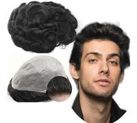 hair replacement system for men European Real Human Hair Toupee for Men 8x10 Wavy Pieces Replacement Hairpiece Prosthesis PU Skin System men's toupee(Off Black)
