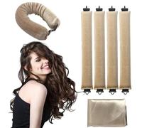 Hair Rollers Without Heat, Pack of 4 Overnight Curlers with Curling Band without Heat, Heat-free Rubber Curlers, DIY Overnight Curls Curls Overnight for All Short and Long Hair (Khaki)