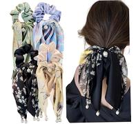 Hair Scrunchies, 4PCS Large Bow Scrunchie, Flower Pattern Hair Ties with Bows and Imitation Pearl, Elastic Ponytail Holders for Women Girls