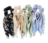 Hair Scrunchies, 4PCS Large Bow Scrunchie, Flower Pattern Hair Ties with Bows and Imitation Pearl, Elastic Ponytail Holders for Women Girls