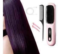 Hair Straightener Comb - Cordless Rechargeable Portable Hot Brush, Heated Ceramic Ionic Styling Tool | Travel Glide Styler Daily Grooming Long Lasting Battery Smooth Hair Care(Pink)