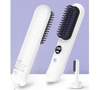 Hair Straightening Brush Cordless UK - 2025 Rechargeable Small Hair Straightener Comb for Travel, USB 8400mAh Hot Smooth Heated Brush for Hair Styling (Pearl White)