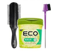 Hair Styling Bundle - Olive Oil Gel & Diane Nylon Pin Styling Brush - Includes 3-Way Edge Control Brush with Metal Pin Tail - Max Hold Hair Styling Kit for Curls, Edges, & Sleek Style