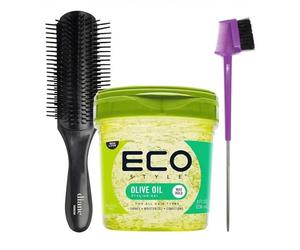 Hair Styling Bundle - Olive Oil Gel & Diane Nylon Pin Styling Brush - Includes 3-Way Edge Control Brush with Metal Pin Tail - Max Hold Hair Styling Kit for Curls, Edges, & Sleek Style