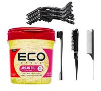 Hair Styling Gel Bundle: EcoStyle Moroccan Argan Oil Styling Gel 236ml, 3 Crocodile Hair Clips, 3-Piece Professional Hair Brush Set