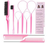 Hair Styling Tool Set 8 Pieces -4 Topsy hair Tail Tools 2 Rat Tail Combs, 1 Slick Back Hair Bristle Brush and 1 Edge Control Brush, Woman Girl Pink