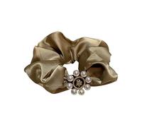 Hair Ties,Scrunchies, Retro Temperament Pearl Camellia Satin Fold Hair Circle Hair Ornaments Female(Khaki)