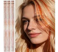 Hair Tinsel Clip in,Laser Orange,Copper Gold, 24 Inch Pack of 6Pcs,80 Strands Each,Unique Shimmer for Hair Styling for New Year Party Cosplay Festival Daily Use for Women