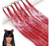 Hair Tinsel Extensions, 1200Strands Holographic Sparkle Glitter Highlights Hairpieces Colorful Straight Fairy Shiny Tinsel Long Dazzle Synthetic Hair for Women Girls Party Decoration-47Inch, Red
