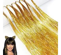 Hair Tinsel Extensions, 1200Strands Holographic Sparkle Glitter Highlights Hairpieces Colorful Straight Fairy Shiny Tinsel Long Dazzle Synthetic Hair for Women Girls Party Decoration-47Inch, Gold