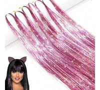 Hair Tinsel Extensions, 1200Strands Holographic Sparkle Glitter Highlights Hairpieces Colorful Straight Fairy Shiny Tinsel Long Dazzle Synthetic Hair for Women Girls Party Decoration-47Inch, Pink