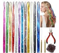 Hair Tinsel Kit, 47 Inch 12 Colours 2400 Strands Heat Resistant Fairy Hair | Sparkly tinsel strands. Kit has pliers, hook tool and micro beads, ideal for women and girls for parties and festivals