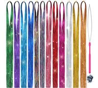 Hair Tinsel Kit Strands With Tool 47 Inch 12 Colors 2100 Strands Fairy Hair Tinsel Kit Hair Extensions Sparkling Glitter Shiny Silk Tinsel (12 colors)