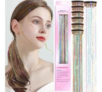 Hair Tinsel Kit with 47INCH 1200 Strands Heat Resistant Glitter Tinsel Hair Extension, Sparkling Shinny Fairy Hair Accessories for Women Girls Kids Festival Party Dazzle (Clip-Rainbow)