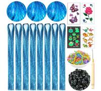 Hair Tinsel Kit with Tools 8 Pcs 1760 Strands Lake Blue Heat Resistant Tinsel Hair Extensions for Women Kids Girls Sparkling Shiny Glitter Fairy Hair for New Year Christmas Halloween Cosplay Party