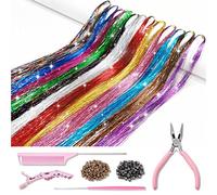 Hair Tinsel Kit with Tools and Instruction Easy to Use 12 Colors 2400 Strands 48 Inches Tinsel Hair Extensions for Women and Girls, Glitter Sparkling Shinny Fairy Hair Accessories for Party