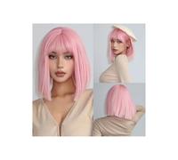 Hair Topper for Women 12inch Short Straight Synthetic Wig Natural Bangs Bob, Hair Women's Halloween Cosplay Full Head Cover Womans Hair Topper(Pink)