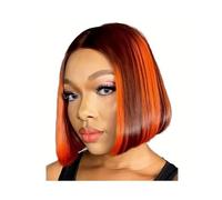 Hair Topper for Women 13x4 Straight Lace Frontal Bob Wig,Brown Ginger Orange Brazilian Remy Bone Straight Short Bob Wig For Women 10-14 Inch Womans Hair Topper(14inch)
