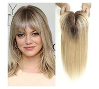 Hair Topper for Women 4"x5.5" Real Human Hair Toppers Wigs with Bangs Silk Base Clip Pieces Straight Topper Hairs for Women Hair Extension Women Wiglets with Bangs(14 inch,Ombre Brown Blonde)