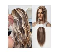 Hair Toppers 12 Inch Hair Toppers for Women 4"×4.5" Silk Base Brown Highlight Blonde Middle Part Human Hair Topper Clip in Straight Hair Pieces Wig Toppers for Thinning Hair