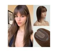 Hair Toppers 14 Inch Human Hair Topper with Bangs, Natural Brown Remy Hair Pieces for Women 4"×5.5" Silk Base Clip In Straight Hair Topper for Thicking Hair Wig Toppers for Thinning Hair