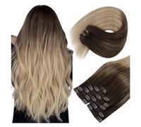 Hair Toppers for Women 7 Pieces Human Hair Clip in Hair Extensions Ombre Brown Blonde Clip in Extensions Dark Brown Balayage Golden Blonde O