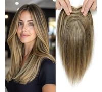 Hair Toppers for Women, Real Hair Topper, Lightweight Toupees for Women, 100% Hand-Knotted Toupees, Clip-In Hairpiece for Thin Hair, Top of Head, Fluffy Straight Hair Topper without Bangs (4/27#)