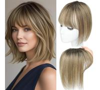 Hair Toppers for Women Real Human Hair with Bangs, Hand Stitched 360° 3D Coverage, Natural for Thinning Hair, Hairpieces for Women Topper (Medium Brown Mix Blonde with Dark Brown Root)