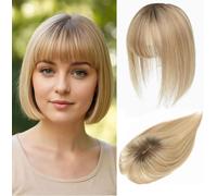 Hair Toppers for Women Real Human Hair with Bangs, Hand Stitched 360° 3D Coverage, Natural for Thinning Hair, Hairpieces for Women Topper (Medium Brown to Creamy Iced Blonde)