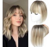 Hair Toppers for Women Real Human Hair with Bangs, Hand Stitched 360° 3D Coverage, Natural for Thinning Hair, Hairpieces for Women Topper (Ombre Light Brown with Blonde Highlight)